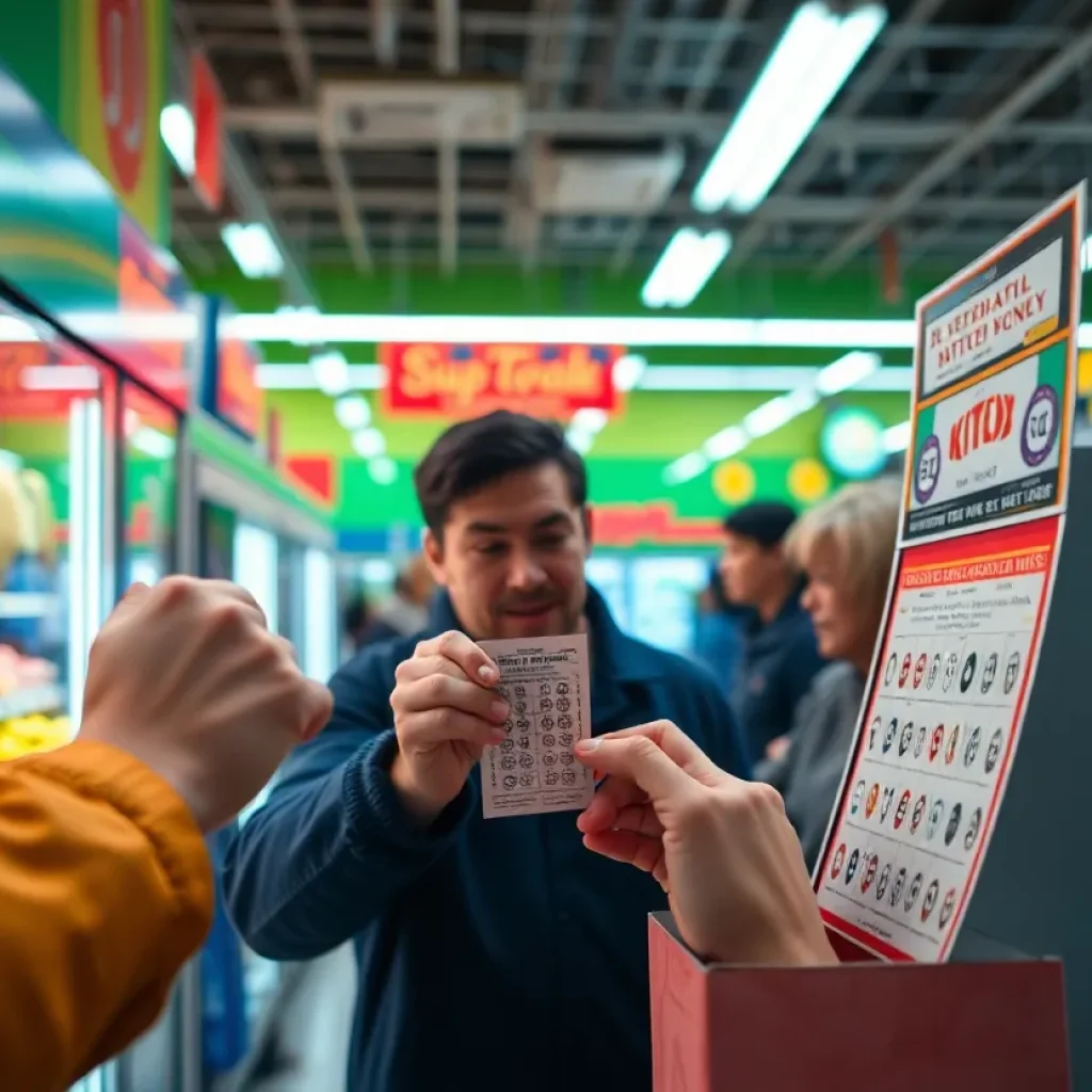 A person scratching off a lottery ticket in a grocery store