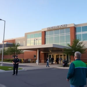 Exterior of Kansas City V.A. Medical Center with police presence