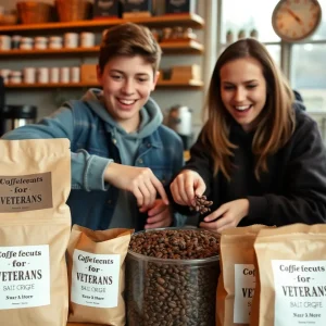 Teenagers roasting coffee for veterans' support