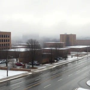 A winter landscape of Kansas City with fog and slight rain, showcasing the seasonal weather changes.