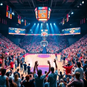 Fans celebrating at a Kansas Jayhawks basketball game