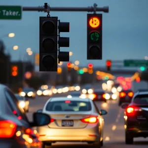 Busy Kansas City road with traffic lights, a somber reminder of recent accidents.