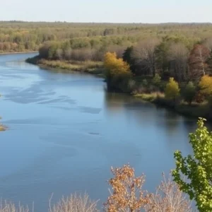 Seasonal changes at the Missouri River with trees and water