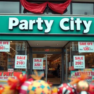 Party City store with sale signs outside