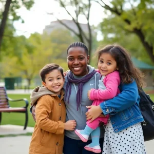 A happy mother with her two children in a Kansas City park