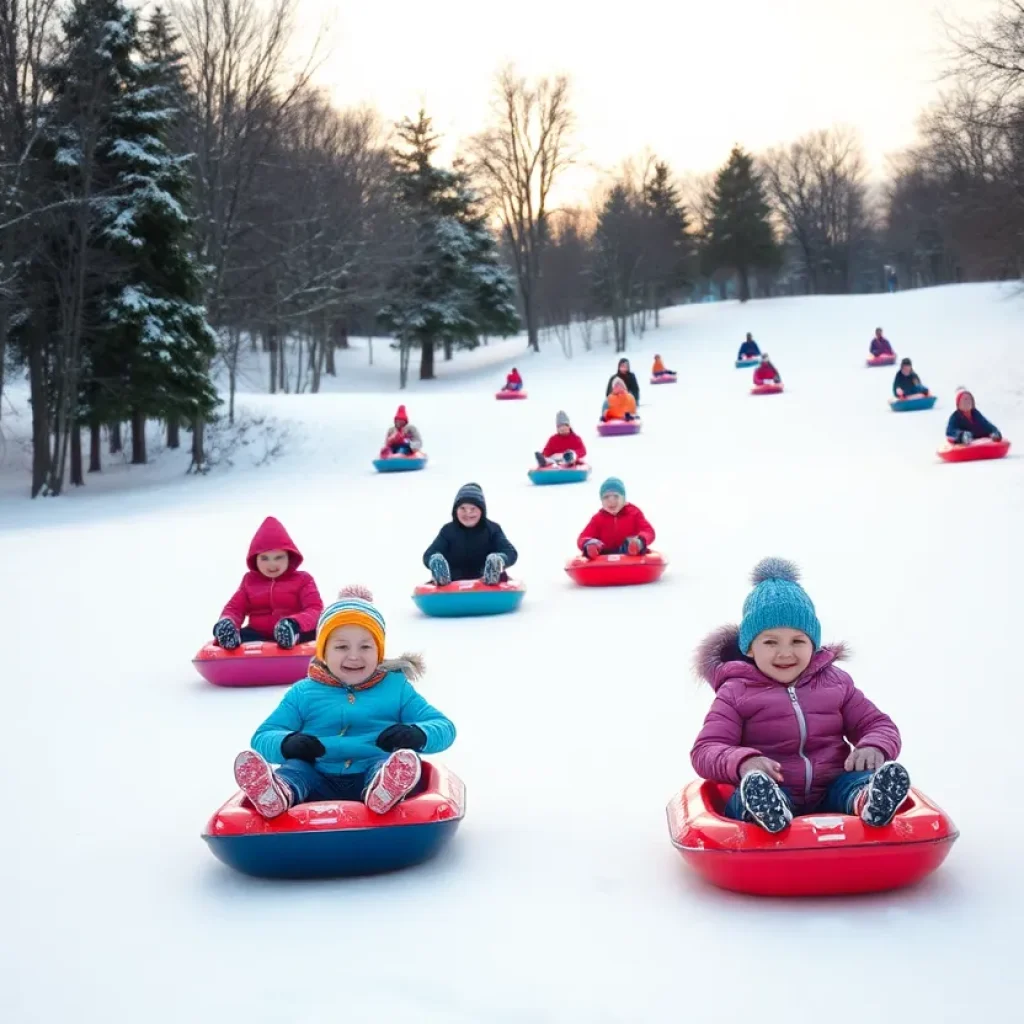 Families enjoying sledding on a snowy hill in Kansas City