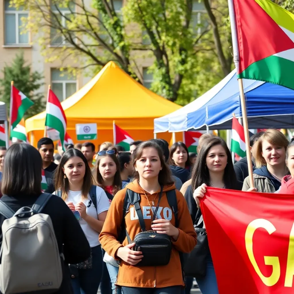 Students at UMKC demonstrating for Gaza with banners and tents