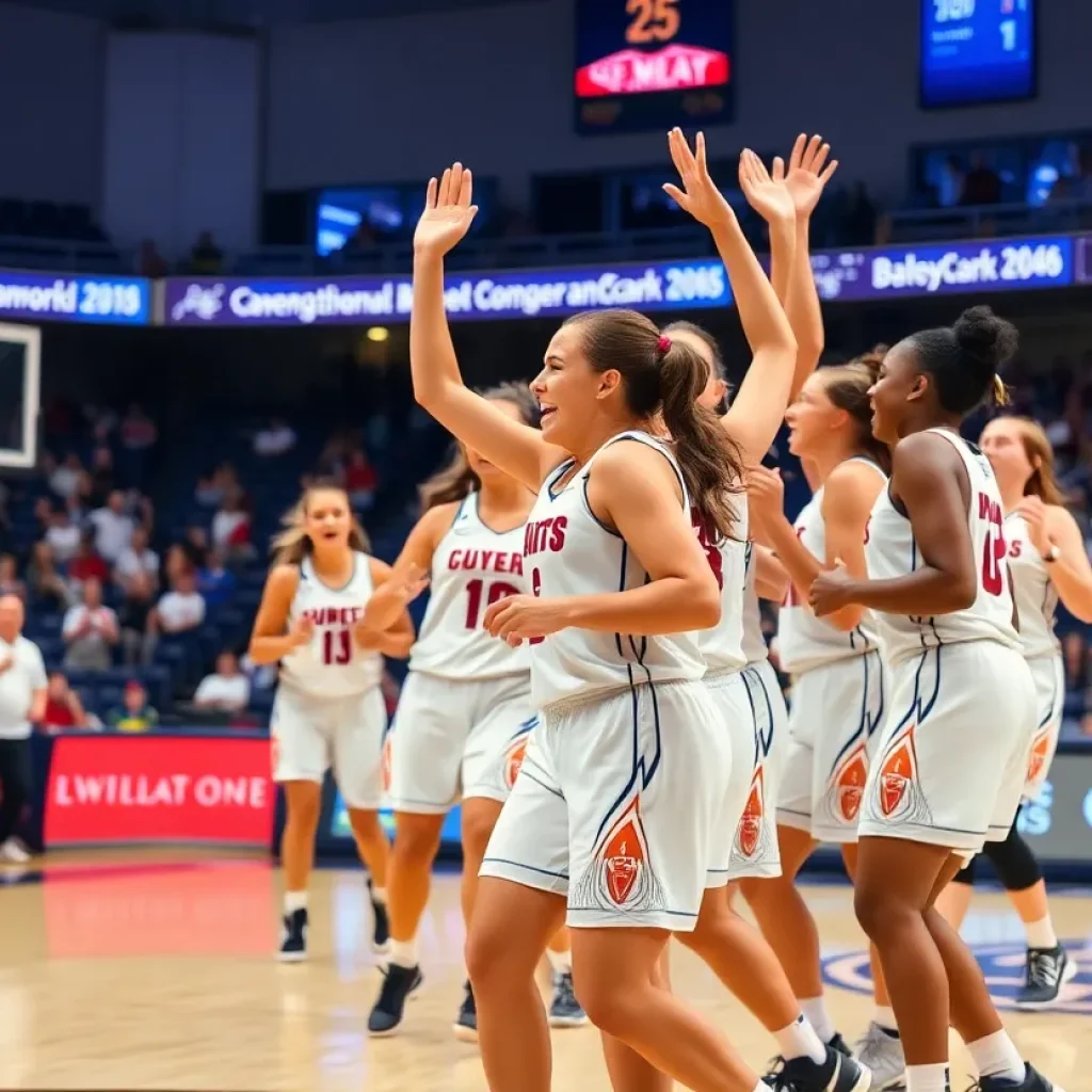 Washington University women's basketball team celebrating victory