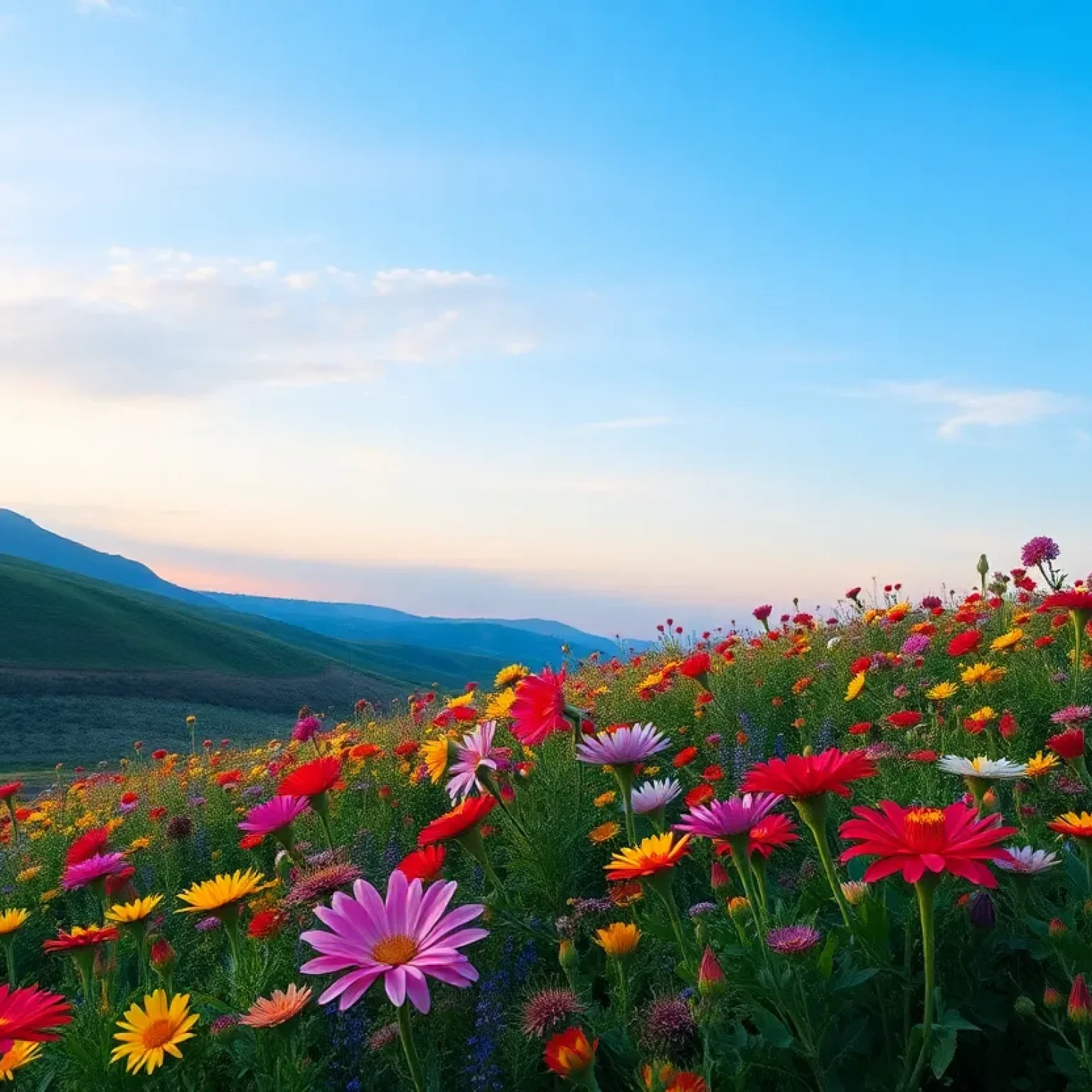 A vibrant landscape filled with colorful flowers and a peaceful sky.