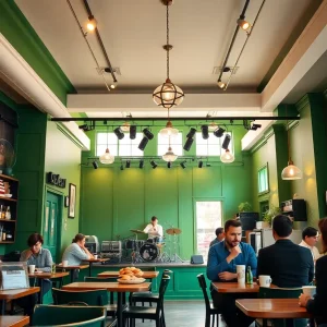 Interior of Ase Coffee with deep green walls and customers enjoying their drinks