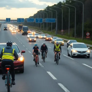 A busy highway with bicycles and cars, symbolizing the need for improved bicycle safety.