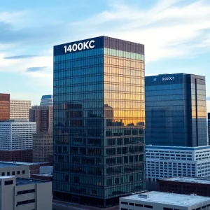 Modern office tower 1400KC in Kansas City with vibrant city background