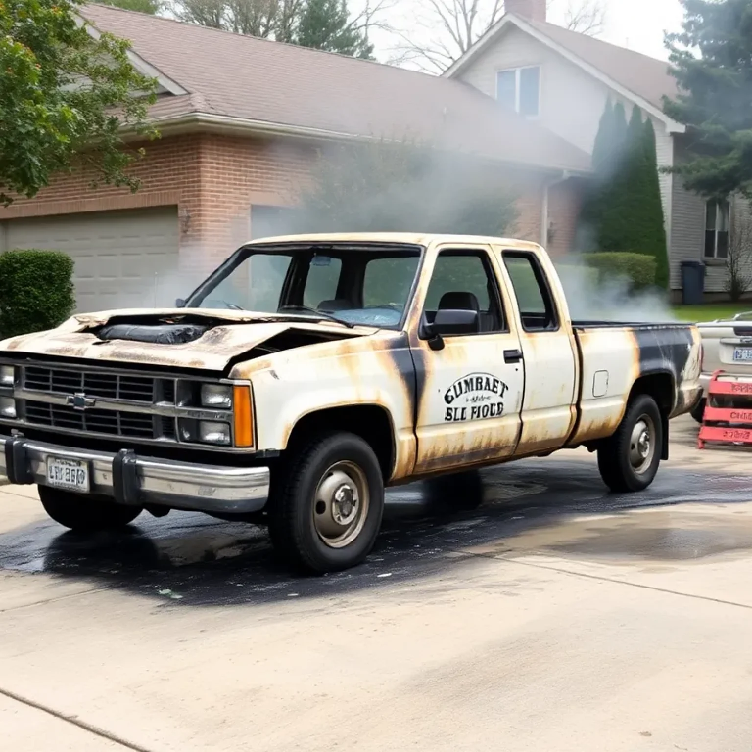 Burnt-out Ford F-150 Raptor in driveway