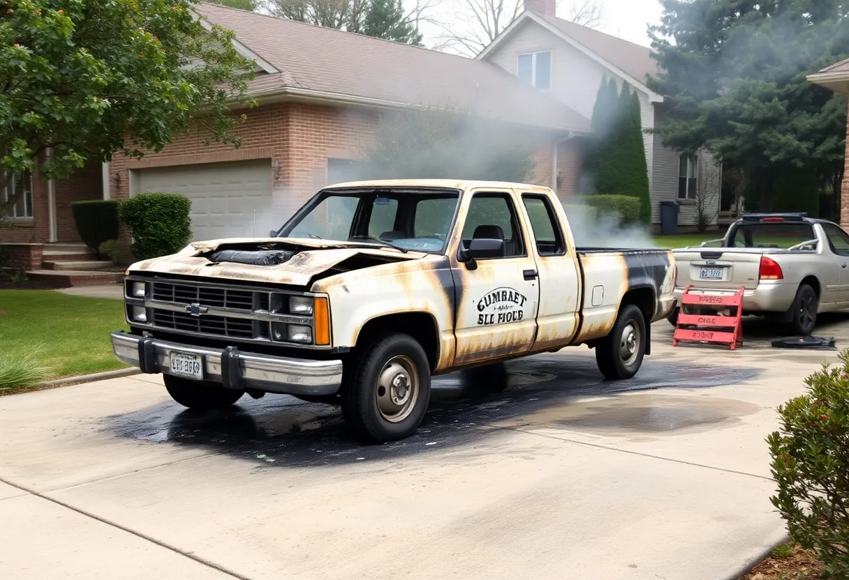 Burnt-out Ford F-150 Raptor in driveway