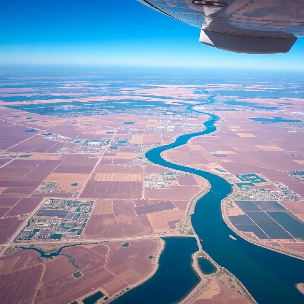 Aerial view of California Central Valley emphasizing water management and agriculture