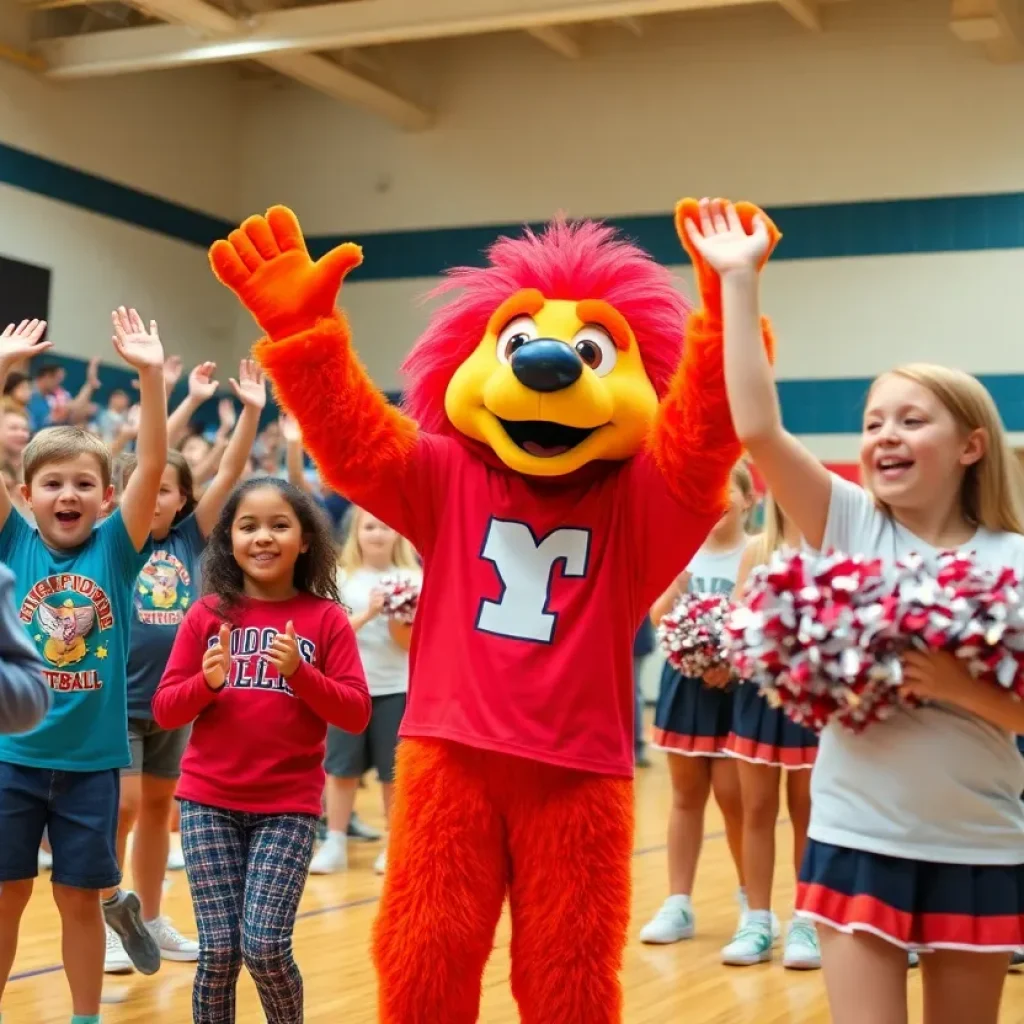 Students cheering at a pep rally with mascot and cheerleaders