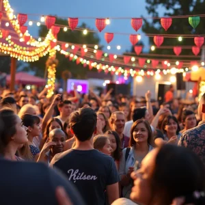 A lively outdoor entertainment scene in Columbia featuring music and comedy performances.