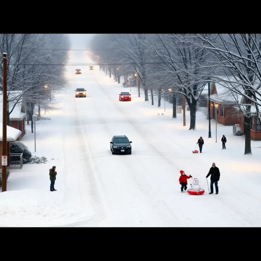 Winter storm scene in Columbia with heavy snow covering the streets and trees.