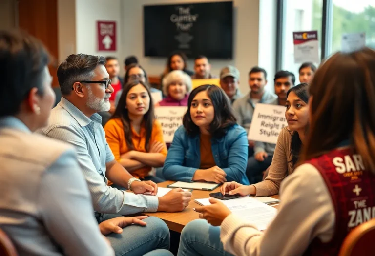 A diverse group of individuals engaged in a discussion about immigrant rights at a community meeting.