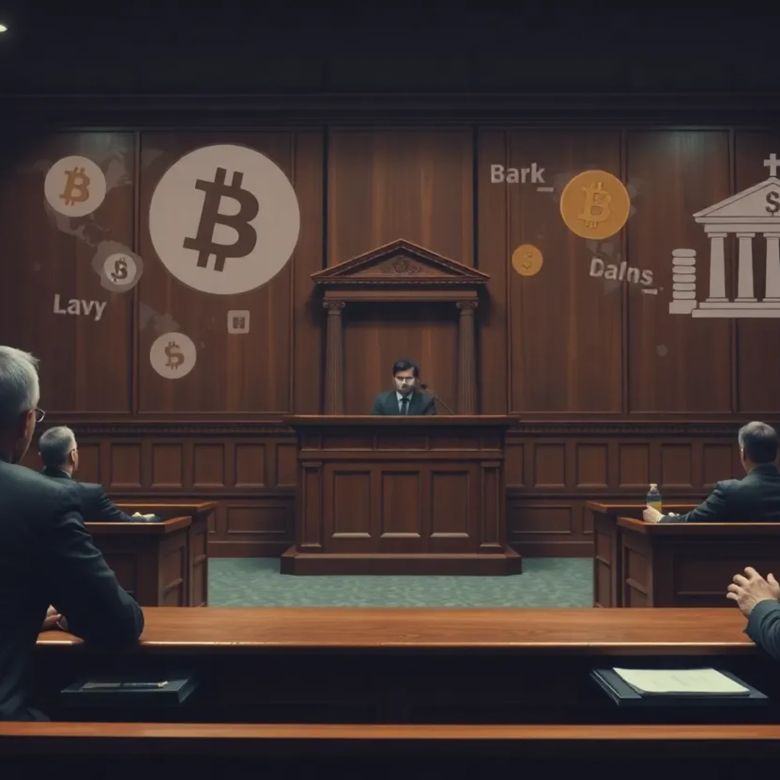 Courtroom scene illustrating financial crime implications