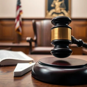 A courtroom with an empty chair symbolizing justice