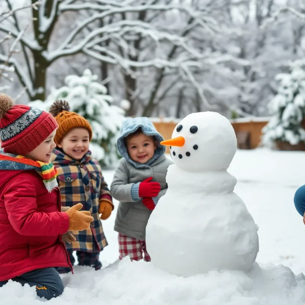 Family building a snowman in a snowy yard