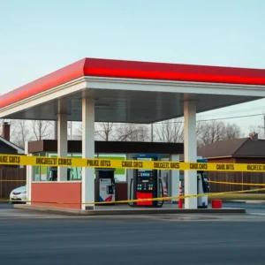 Gas station with police presence and signs of recent violence