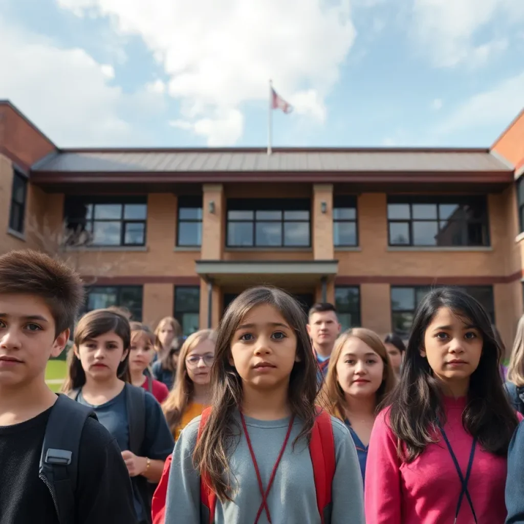 Genesis School building with concerned individuals