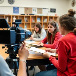 Students collaborating on local history documentaries at Grandview High School.