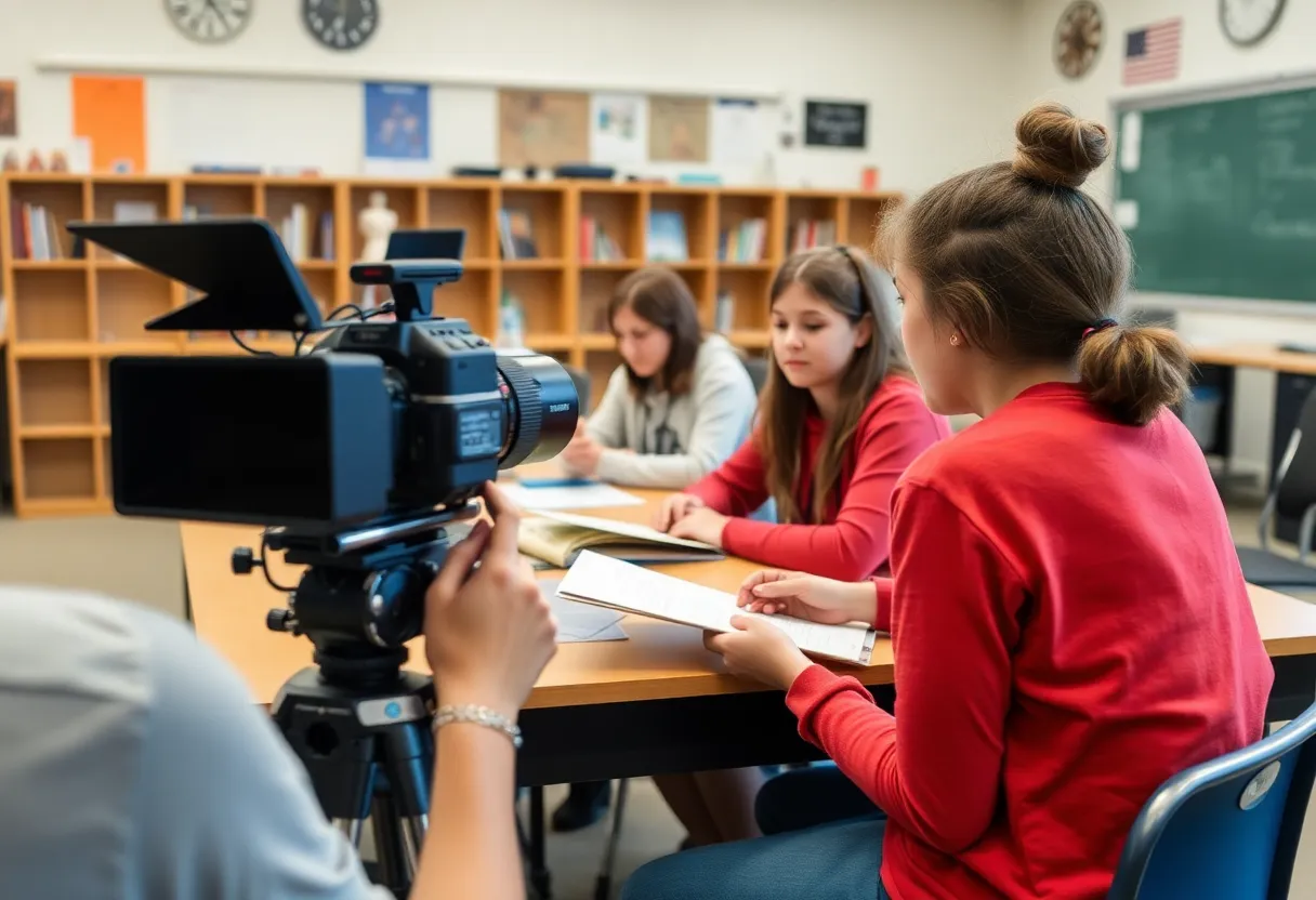 Students collaborating on local history documentaries at Grandview High School.