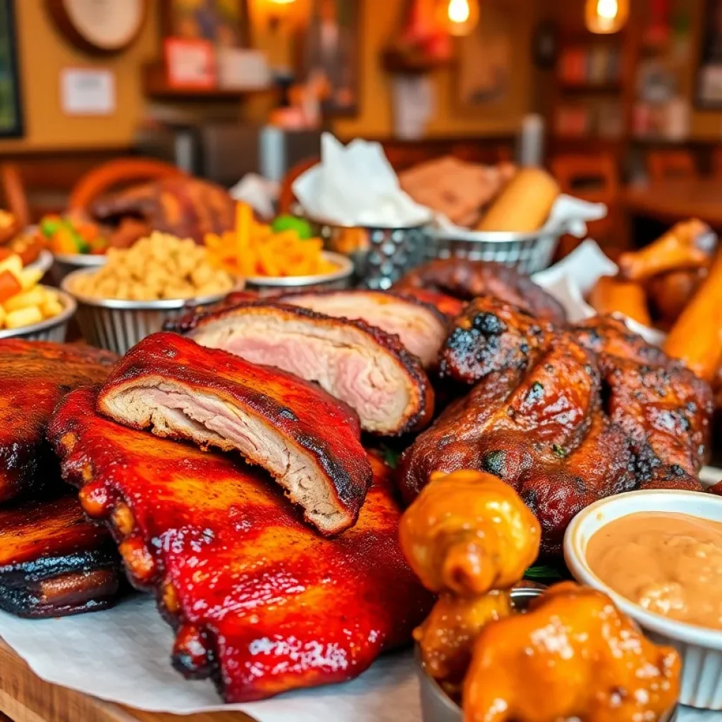 A spread of Texas-style barbecue dishes including pulled pork, ribs, and sides.