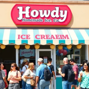 Exterior of Howdy Homemade Ice Cream shop in Lee's Summit with people enjoying ice cream.