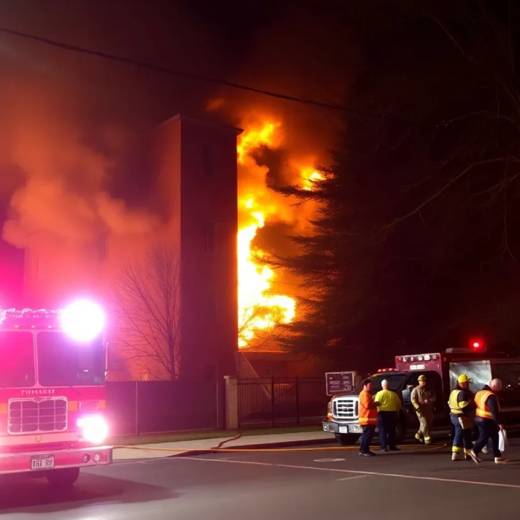 Firefighters battling a blaze at an apartment complex