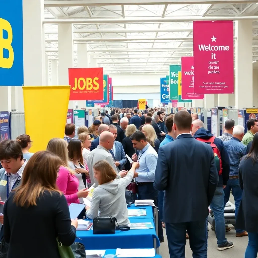 A bustling job fair with candidates and recruiters at an IRS hiring event in Kansas City.