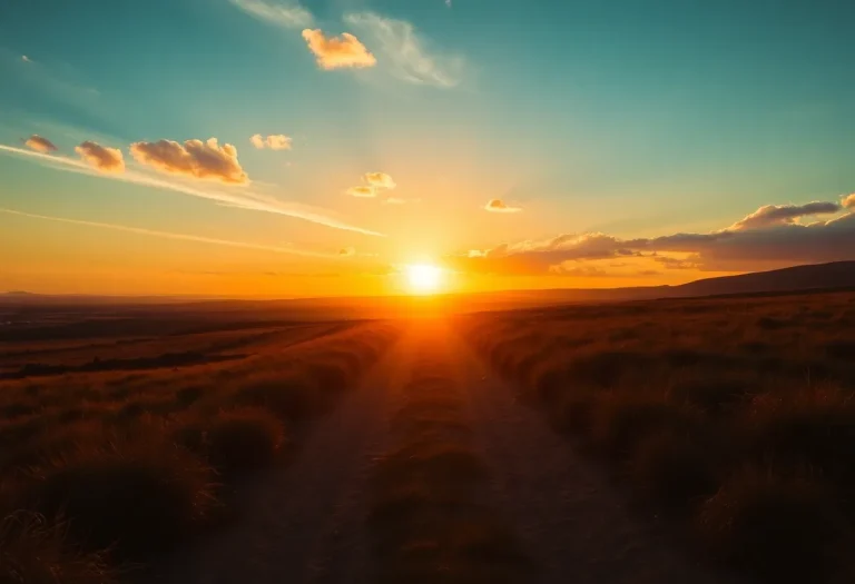 A landscape representing hope and justice, with a sunrise illuminating a path.