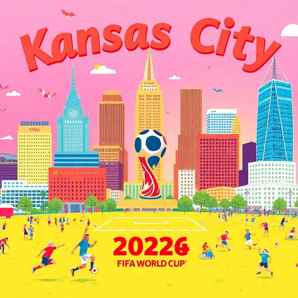 Illustration of Kansas City with soccer fans and World Cup banners.