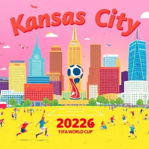 Illustration of Kansas City with soccer fans and World Cup banners.