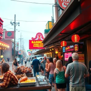 Diverse barbecue dishes and people enjoying Kansas City's rich barbecue culture.