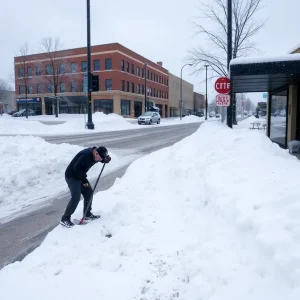 Kansas City street covered in snow during a blizzard