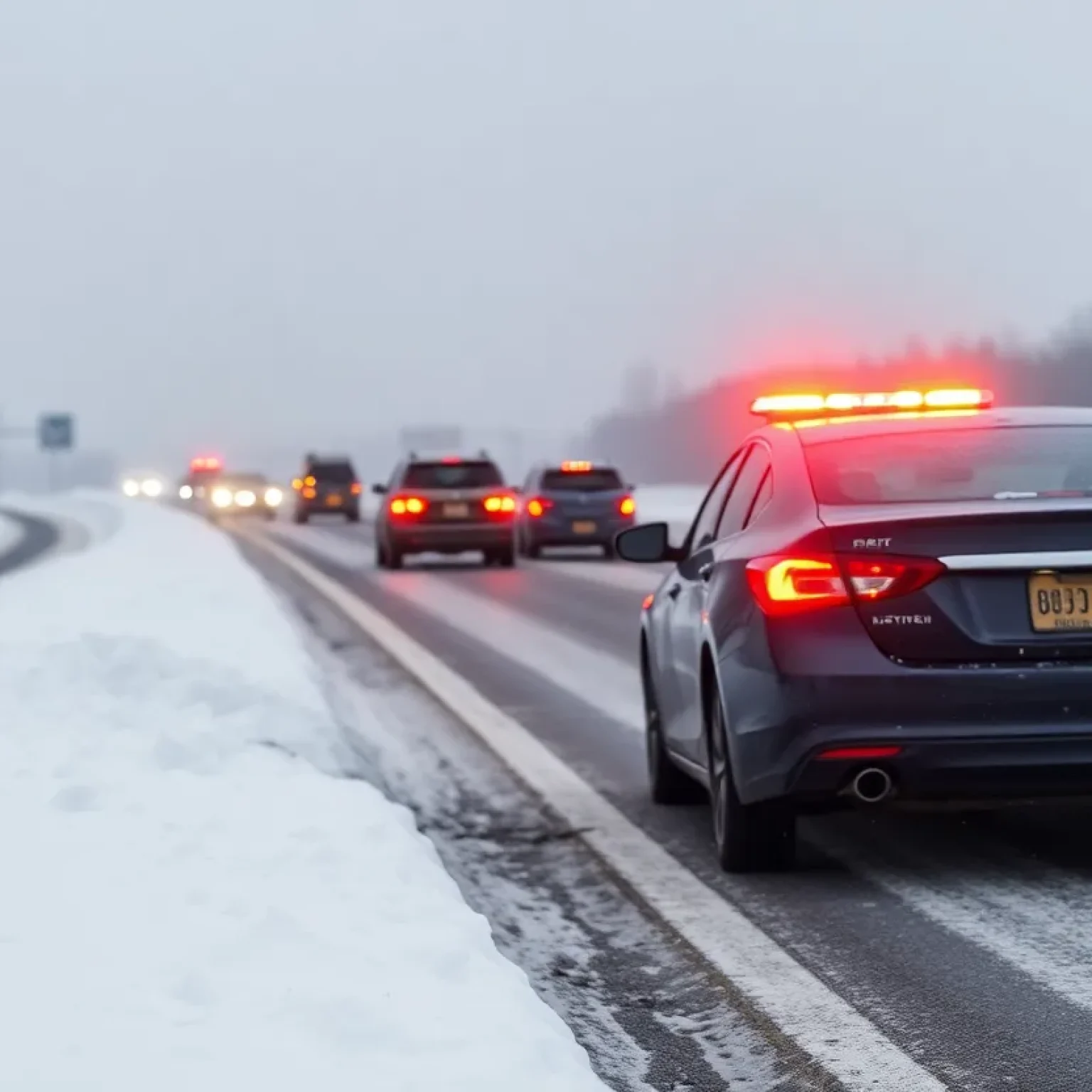 Snowy highway scene with emergency lights illustrating a tragic car accident