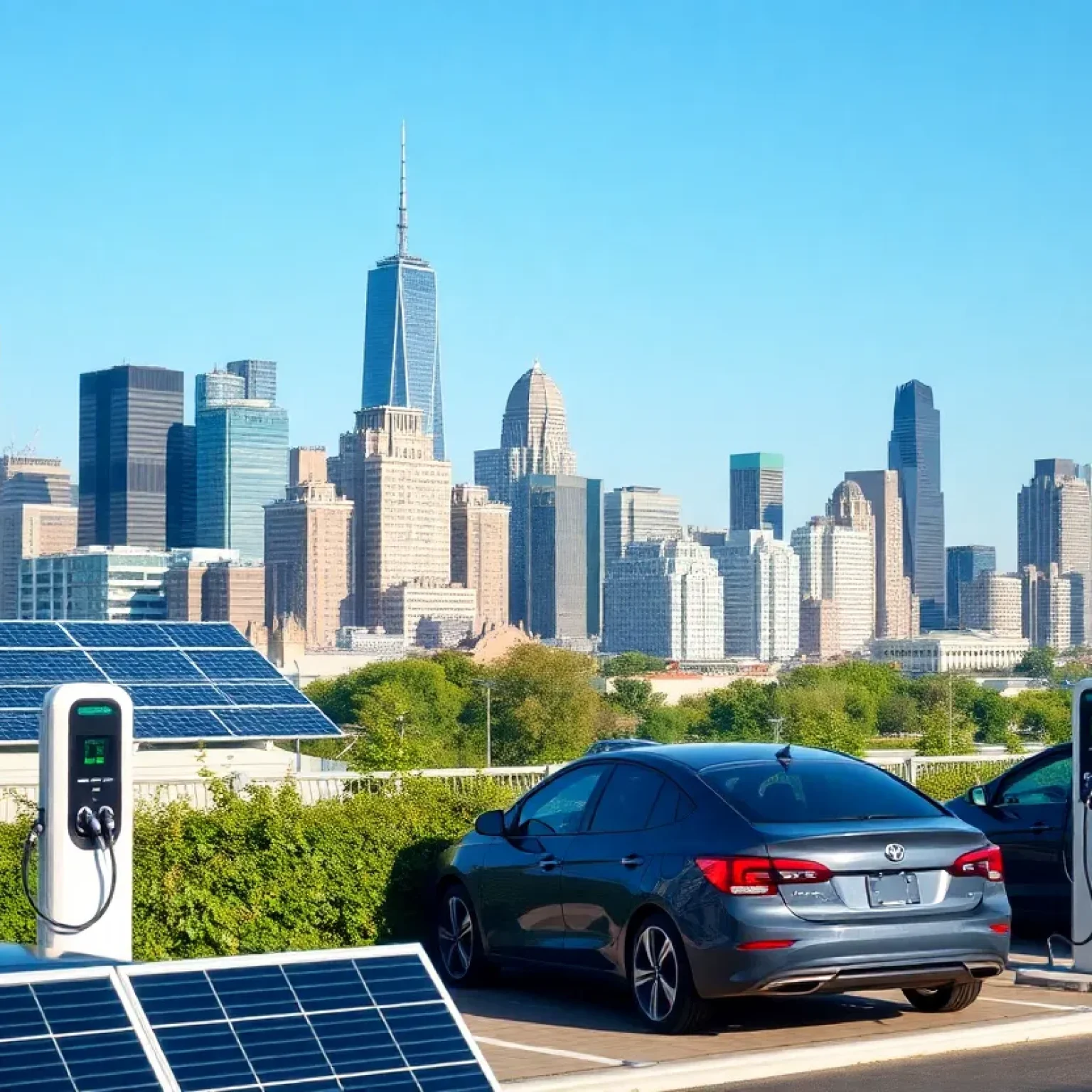 Kansas City skyline with solar panels and charging stations