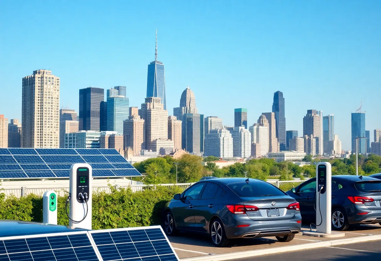 Kansas City skyline with solar panels and charging stations