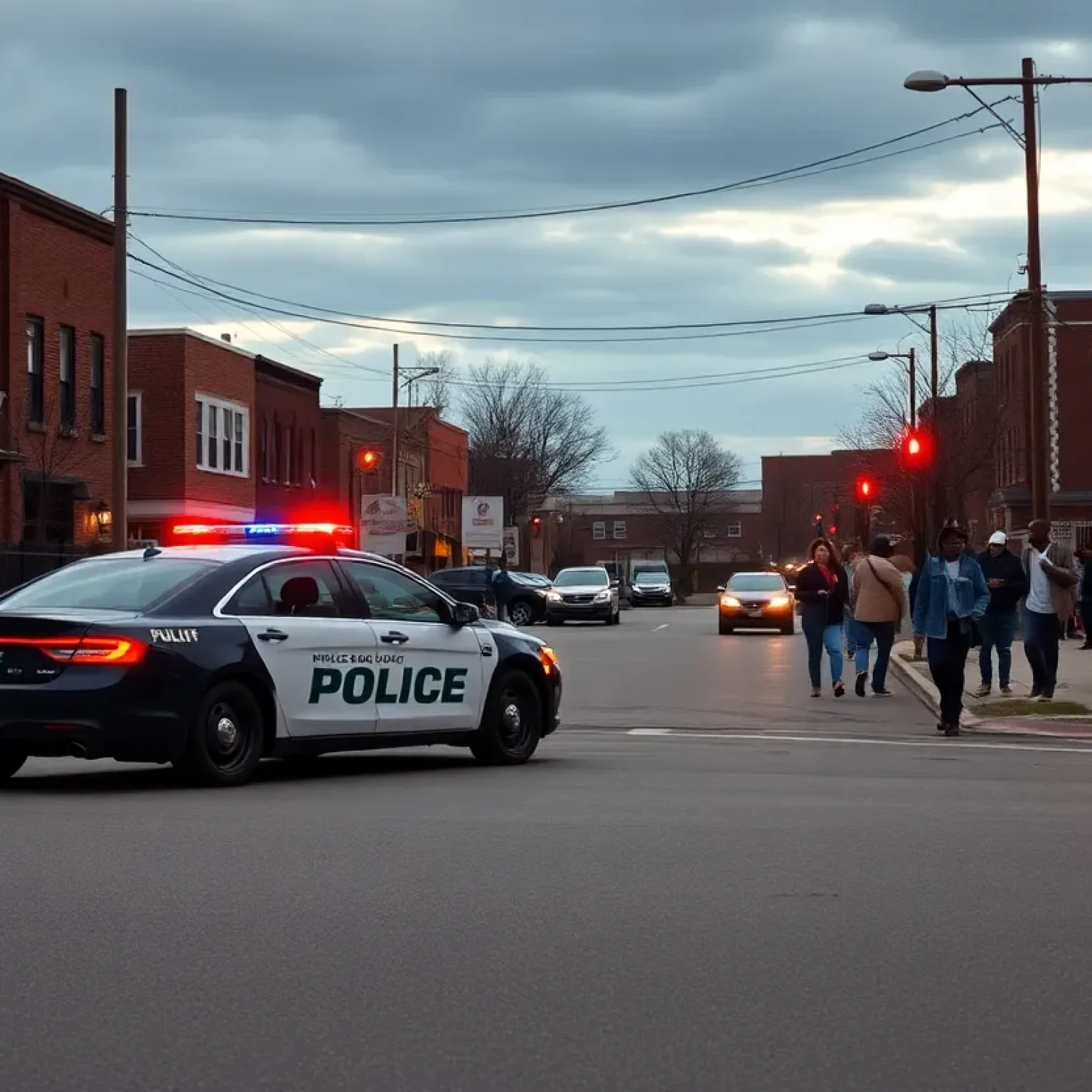 Police car in Kansas City with a concerned community in the background