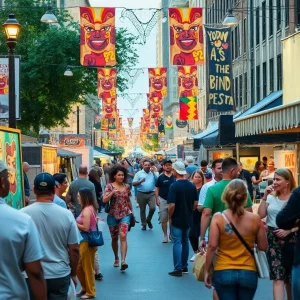 A vibrant street scene in Kansas City during a cultural festival