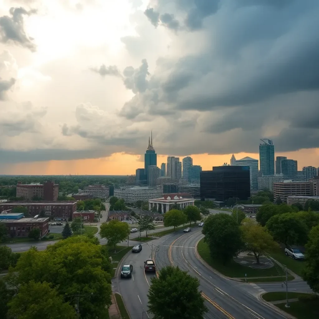 Kansas City skyline under extreme weather conditions reflecting climate change