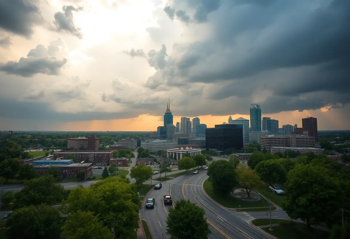 Kansas City skyline under extreme weather conditions reflecting climate change