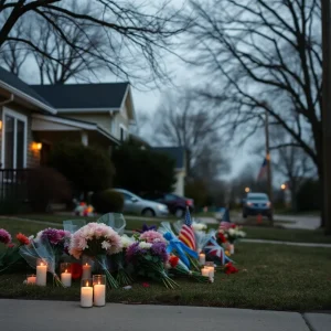 Memorial in front of a house in Kansas City honoring a family tragedy.