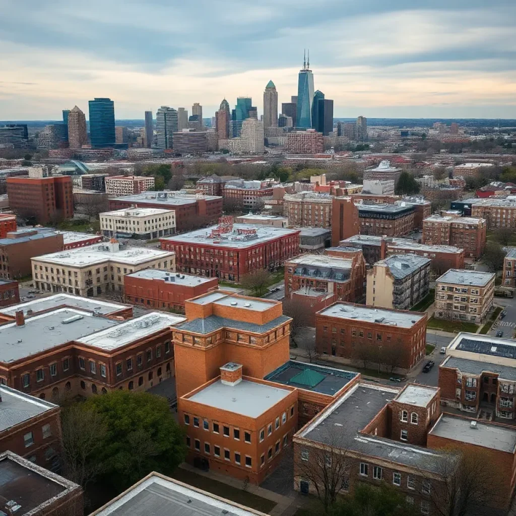 Aerial view of Kansas City emphasizing key community and educational buildings.