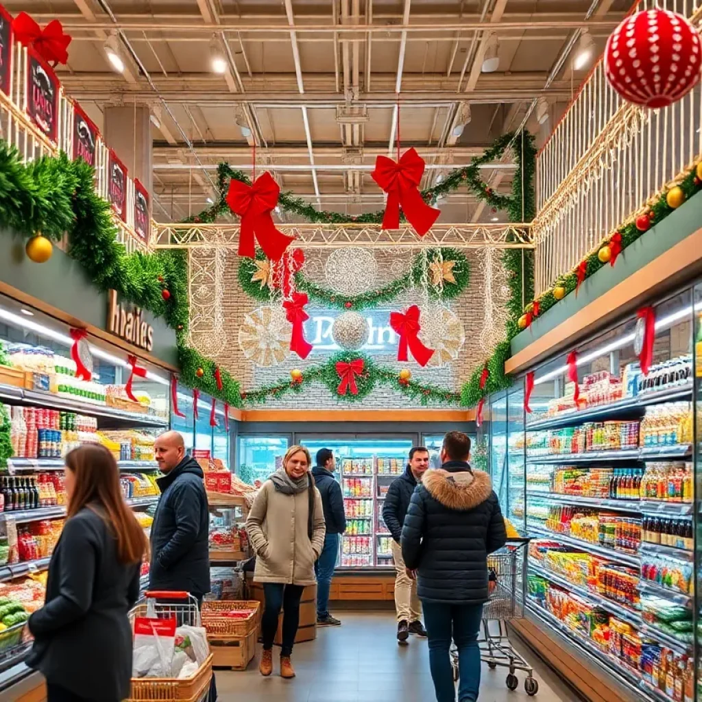 Christmas decorations in a Kansas City grocery store with shoppers.