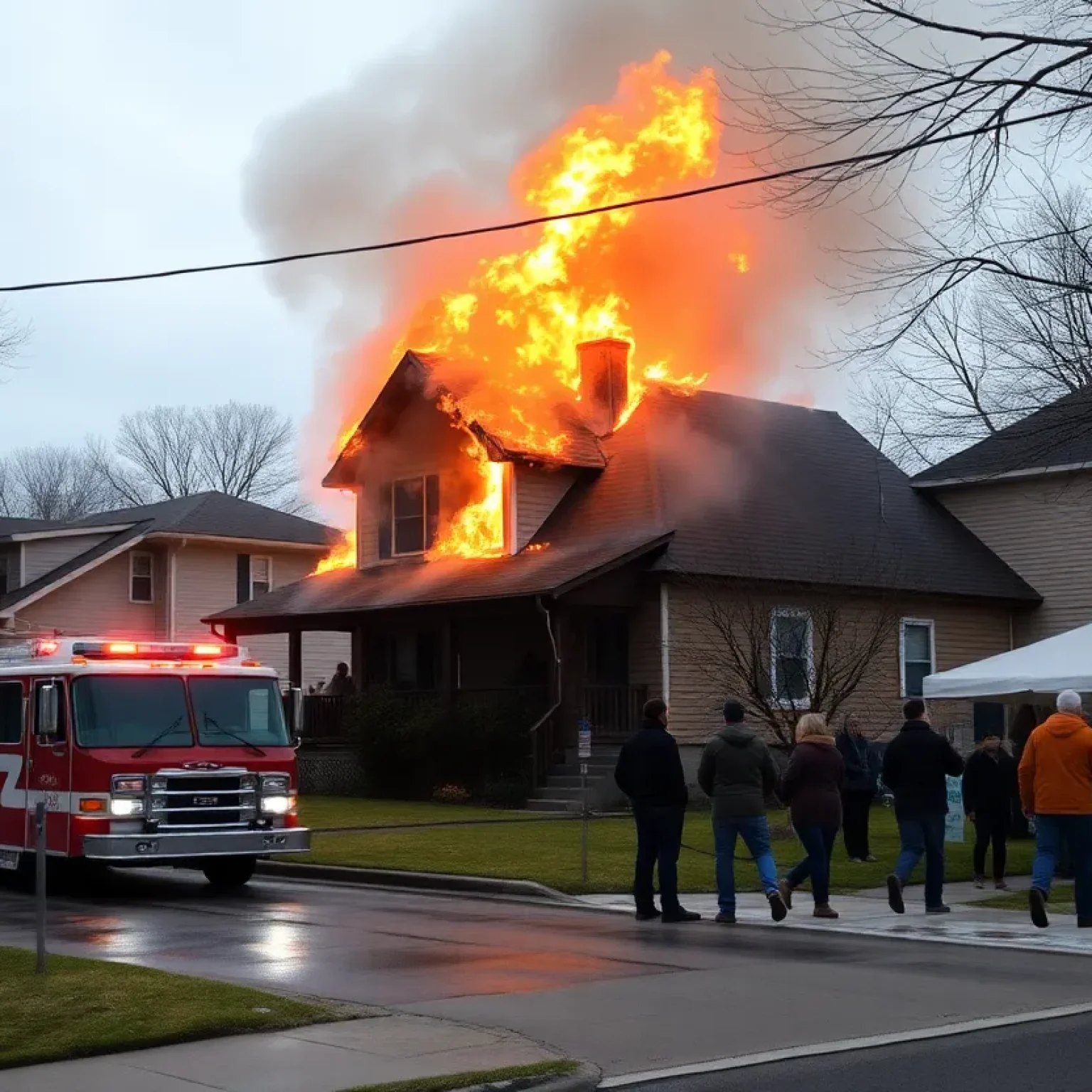 Firefighters working on a house fire in Kansas City